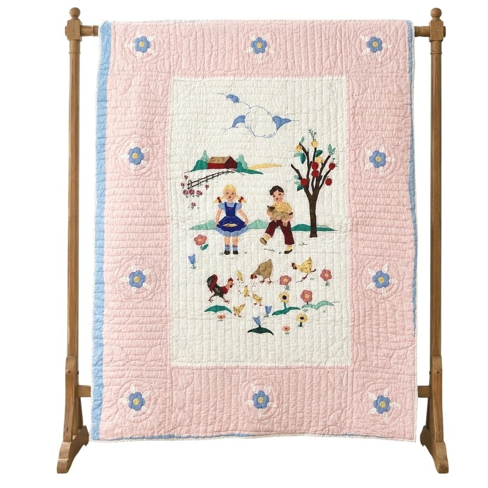 C.1930s Hand Appliqué Quilt Farm Children Pictorial Folk Art 63.5" x 47.5"